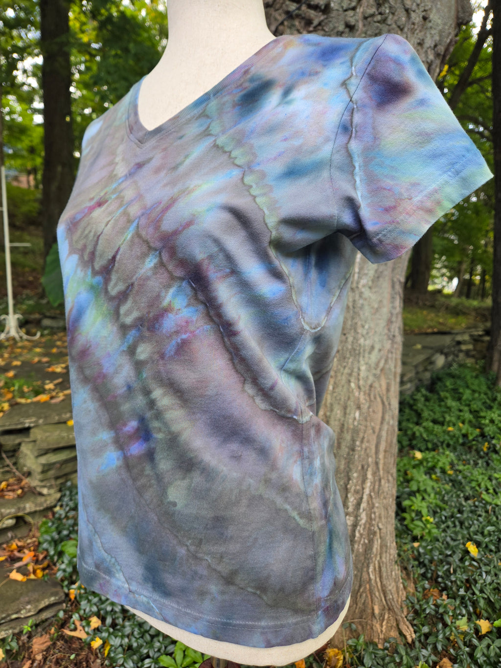 Ice-Dyed Women’s Small V-Neck T-Shirt — One of a Kind