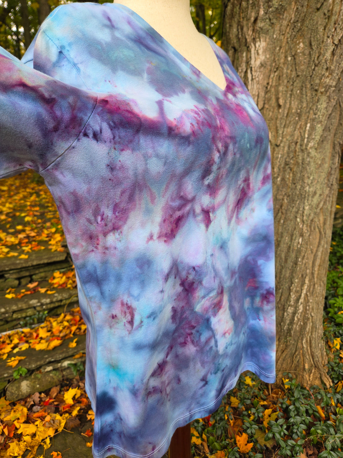 Ice-Dyed Women’s Extra Large V-Neck T-Shirt — Wildflower Mist — One of a Kind