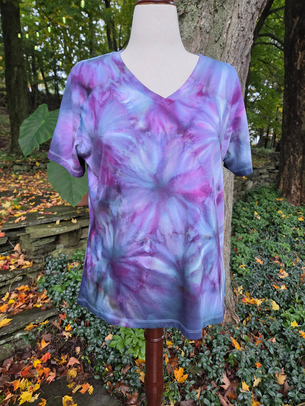Ice-Dyed Women’s Large V-Neck T-Shirt — Bloom Collection — One of a Kind