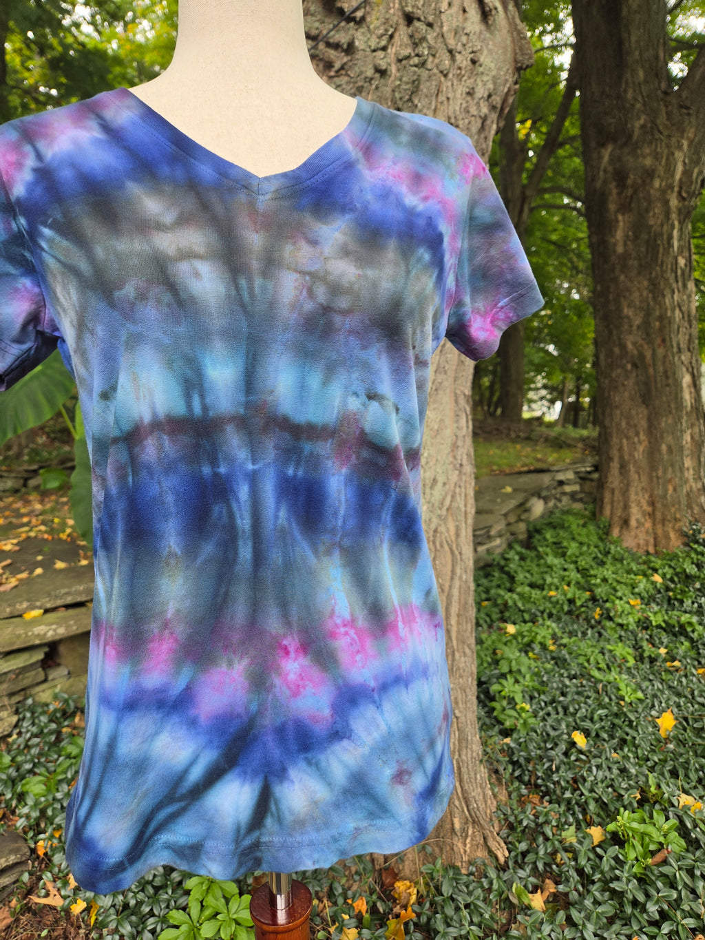 Ice-Dyed Women’s Medium V-Neck T-Shirt — One of a Kind