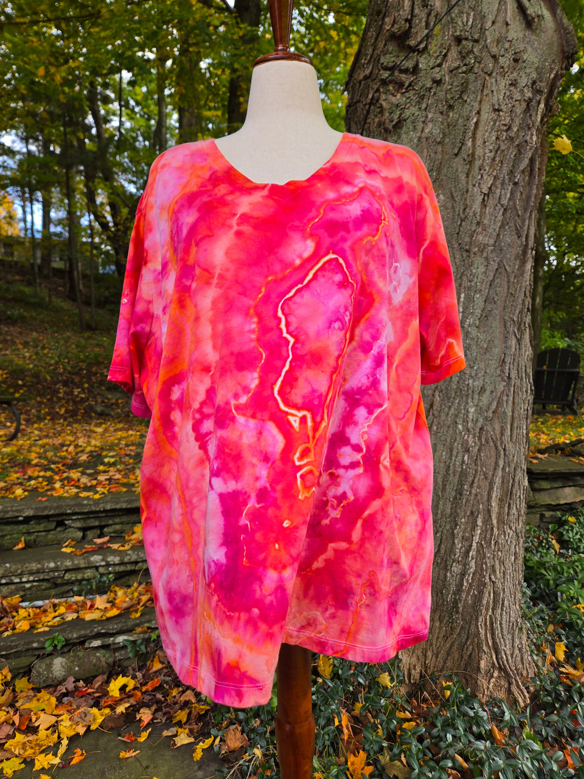 Ice-Dyed Women’s 3XL V-Neck T-Shirt — Fire Opal Geode — One of a Kind