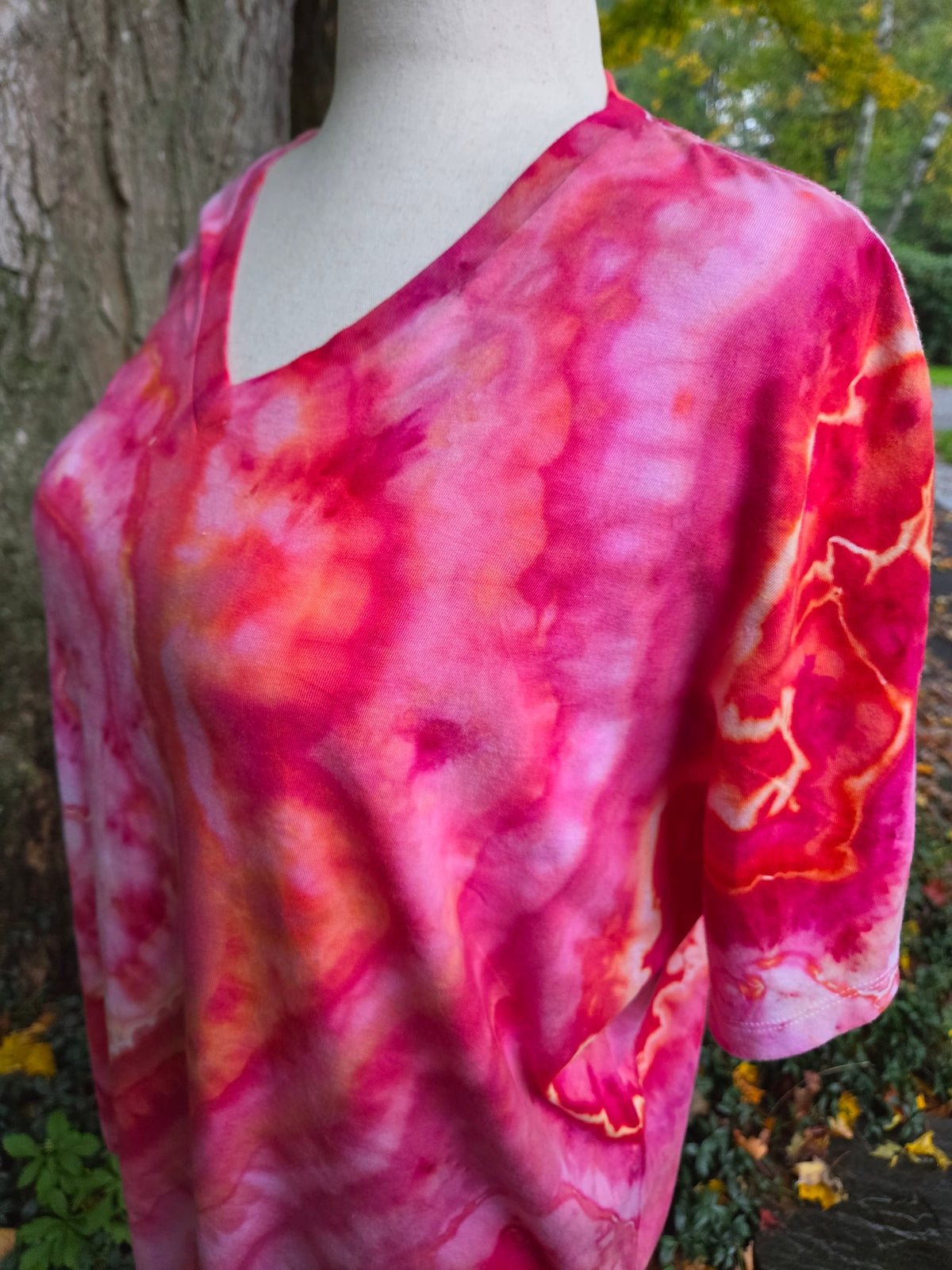 Ice-Dyed Women’s 3XL V-Neck T-Shirt — Fiery Geode Collection — One of a Kind