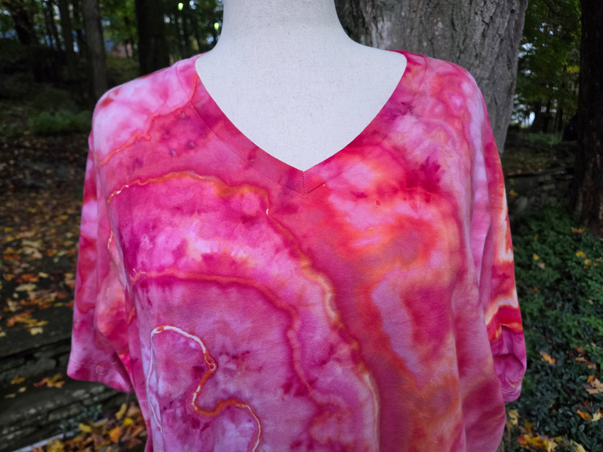 Ice-Dyed Women’s 3XL V-Neck T-Shirt — Fiery Geode Collection — One of a Kind
