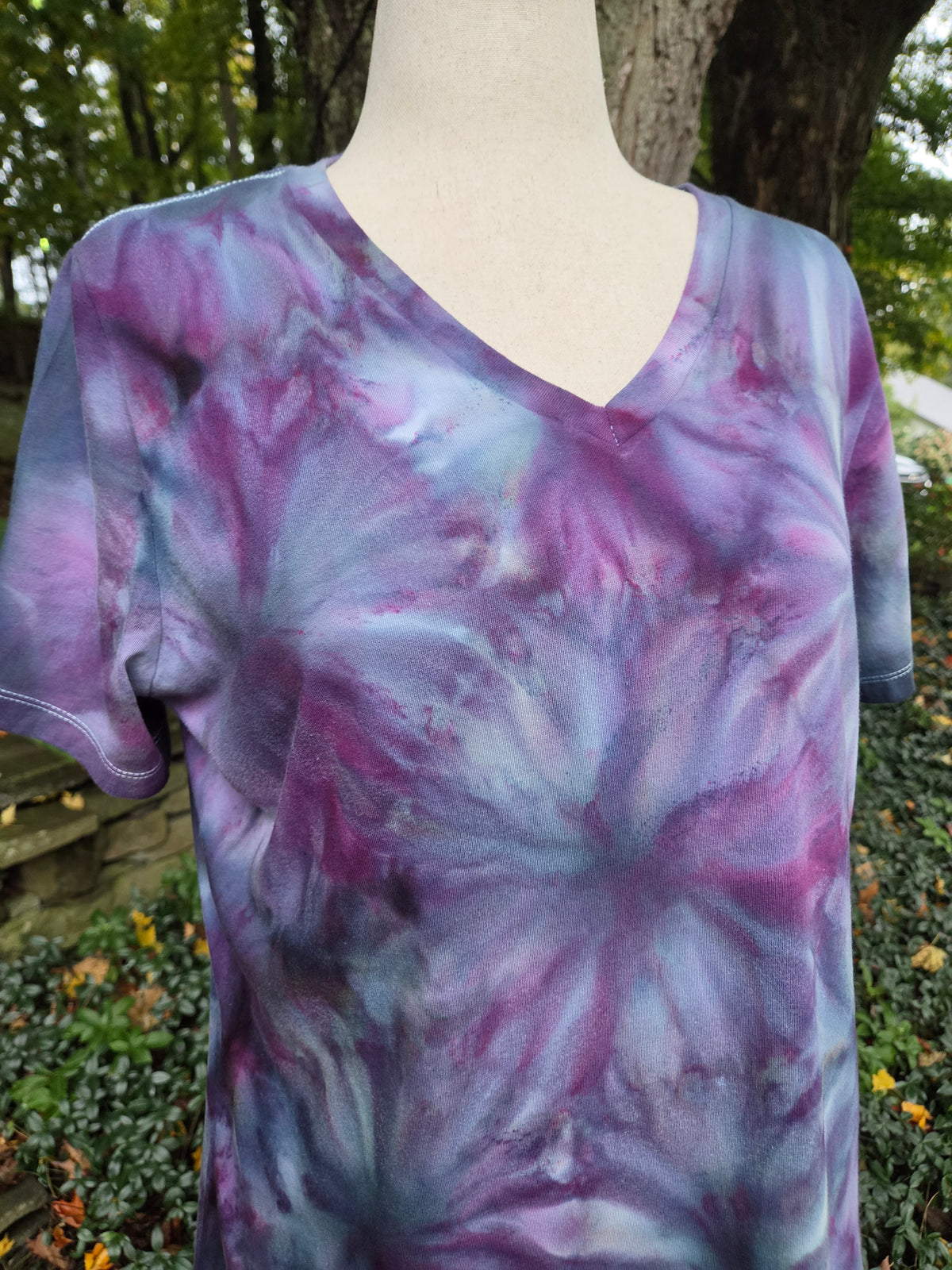 Ice-Dyed Women’s Large V-Neck T-Shirt — Bloom Collection — One of a Kind
