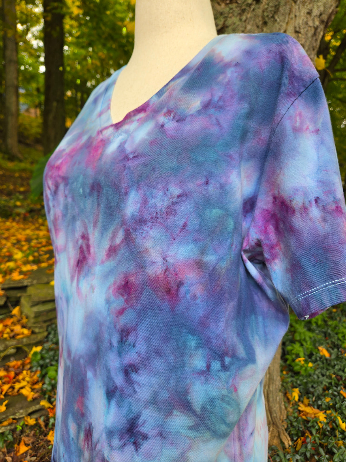 Ice-Dyed Women’s Extra Large V-Neck T-Shirt — Wildflower Mist — One of a Kind