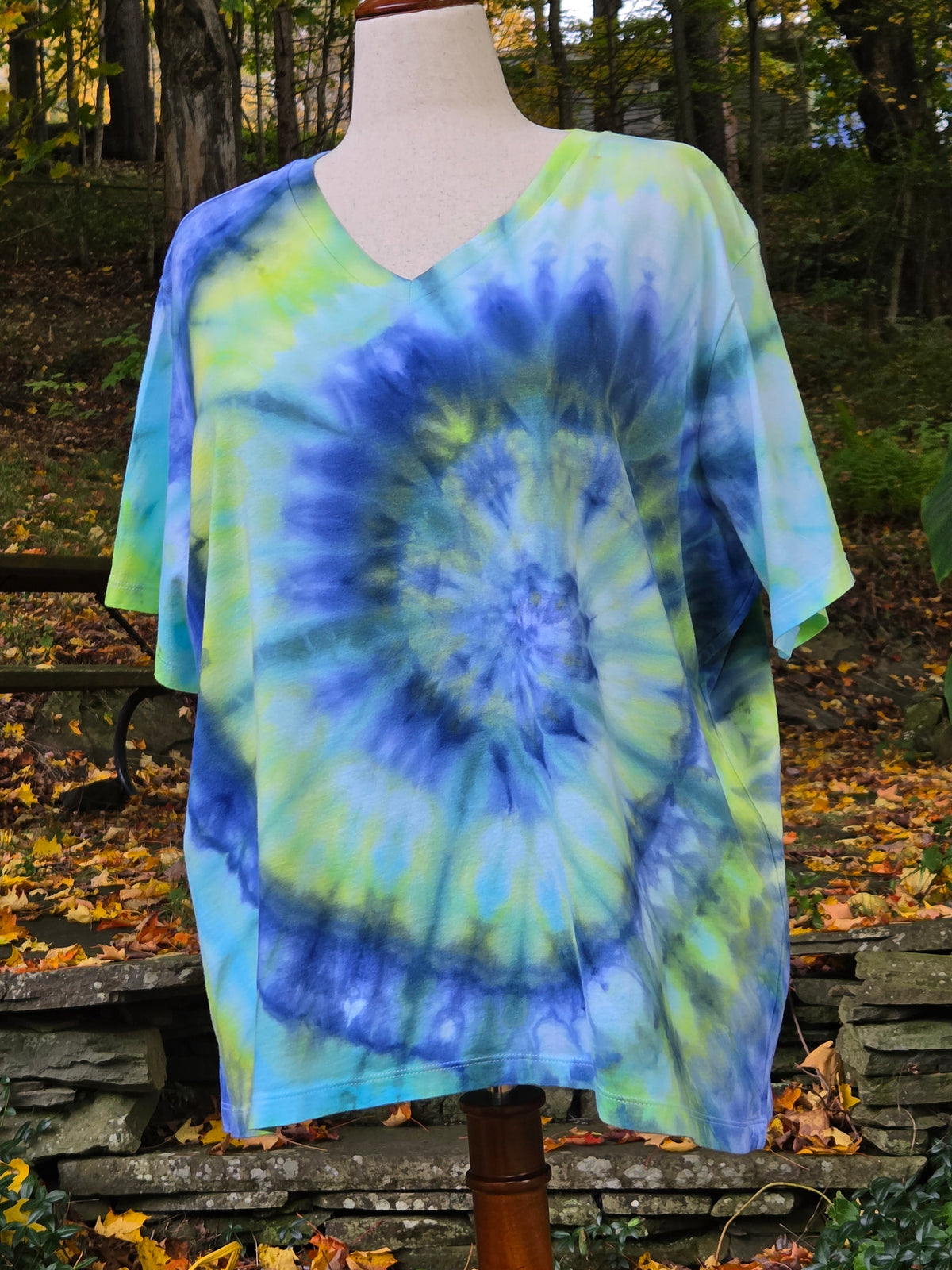 Ice-Dyed Women’s 3XL V-Neck T-Shirt — Bluebell Sunrise — One of a Kind