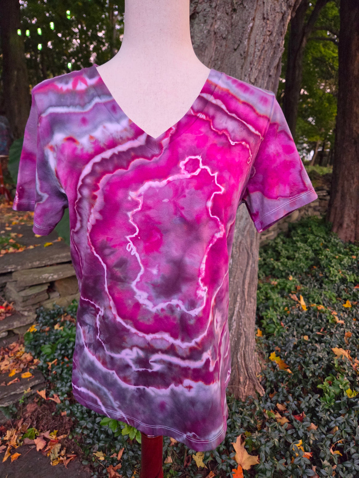 Ice-Dyed Women’s Medium V-Neck T-Shirt — Geode Collection — One of a Kind