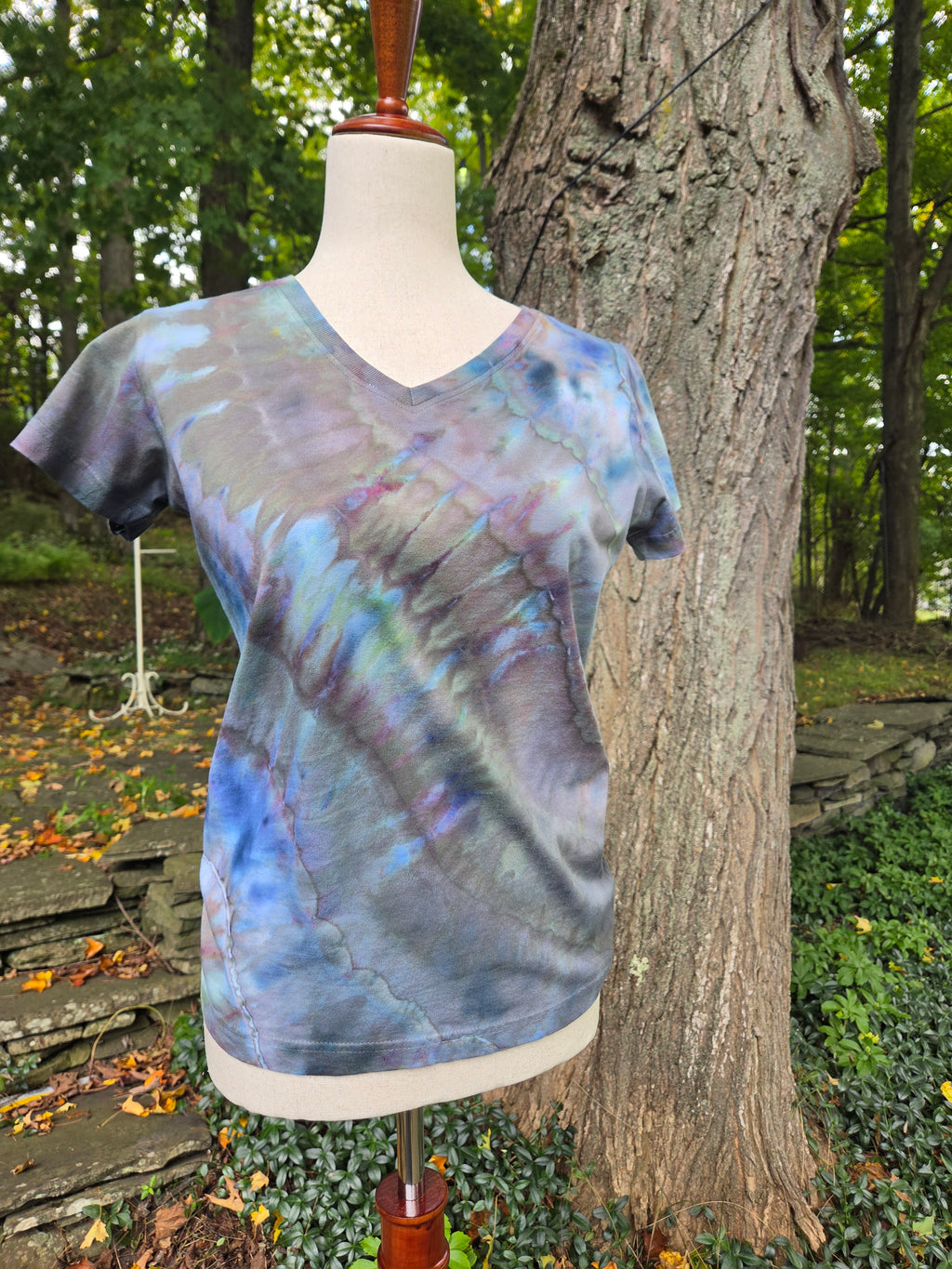 Ice-Dyed Women’s Small V-Neck T-Shirt — One of a Kind