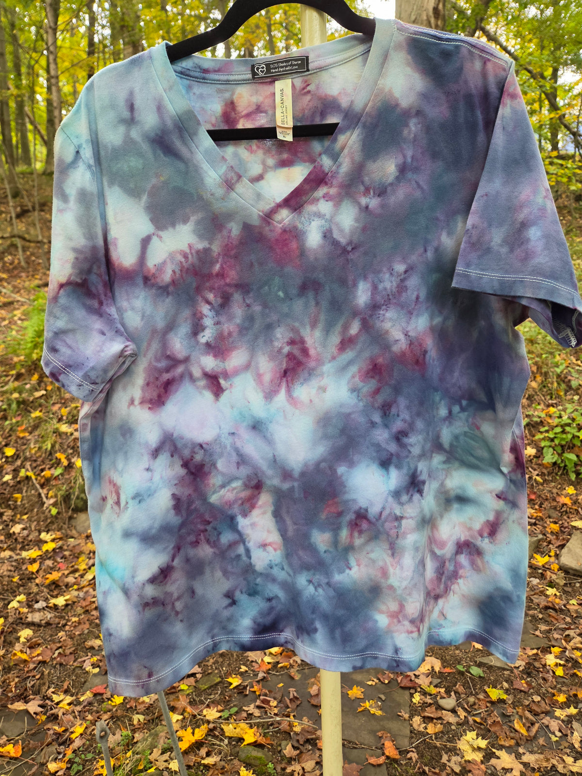 Ice-Dyed Women’s Extra Large V-Neck T-Shirt — Wildflower Mist — One of a Kind