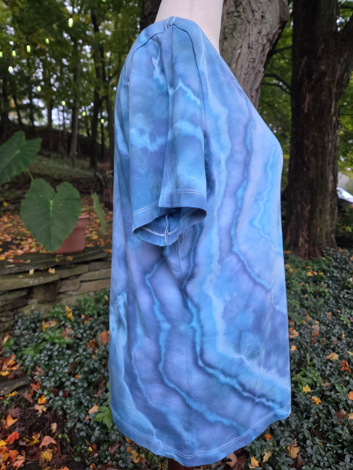 One-of-a-kind ice-dyed women’s V-neck T-shirt — Large