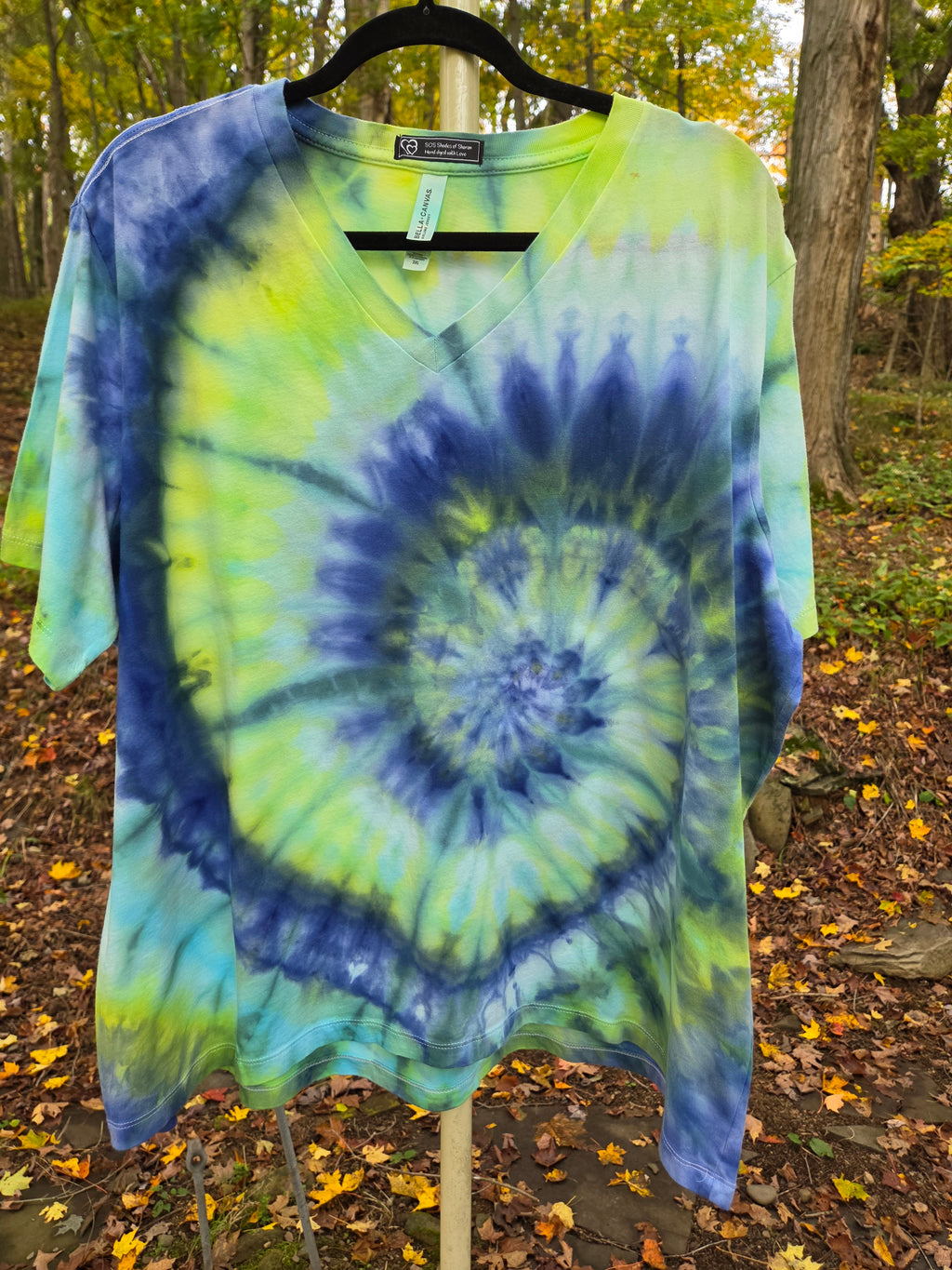 Ice-Dyed Women’s 3XL V-Neck T-Shirt — Bluebell Sunrise — One of a Kind