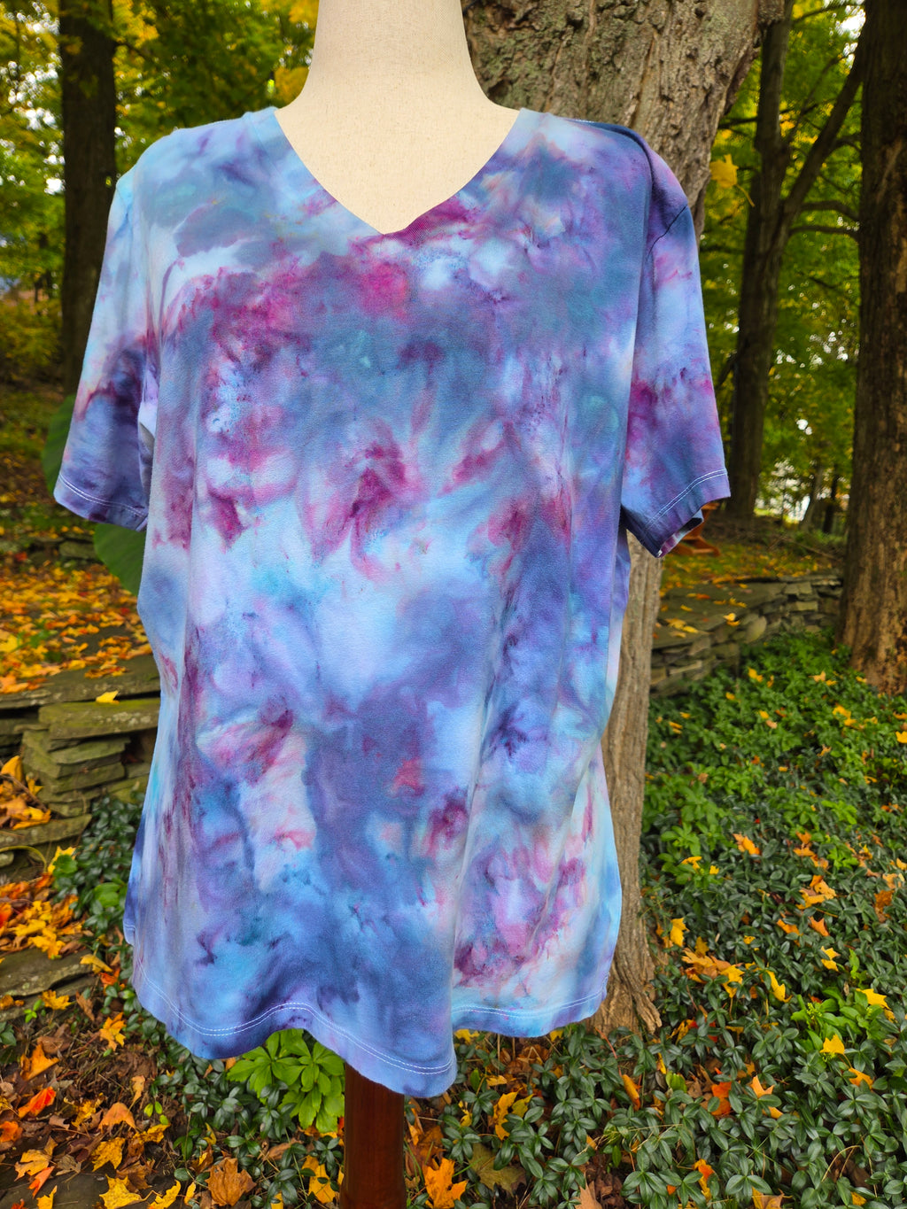 Ice-Dyed Women’s Extra Large V-Neck T-Shirt — Wildflower Mist — One of a Kind