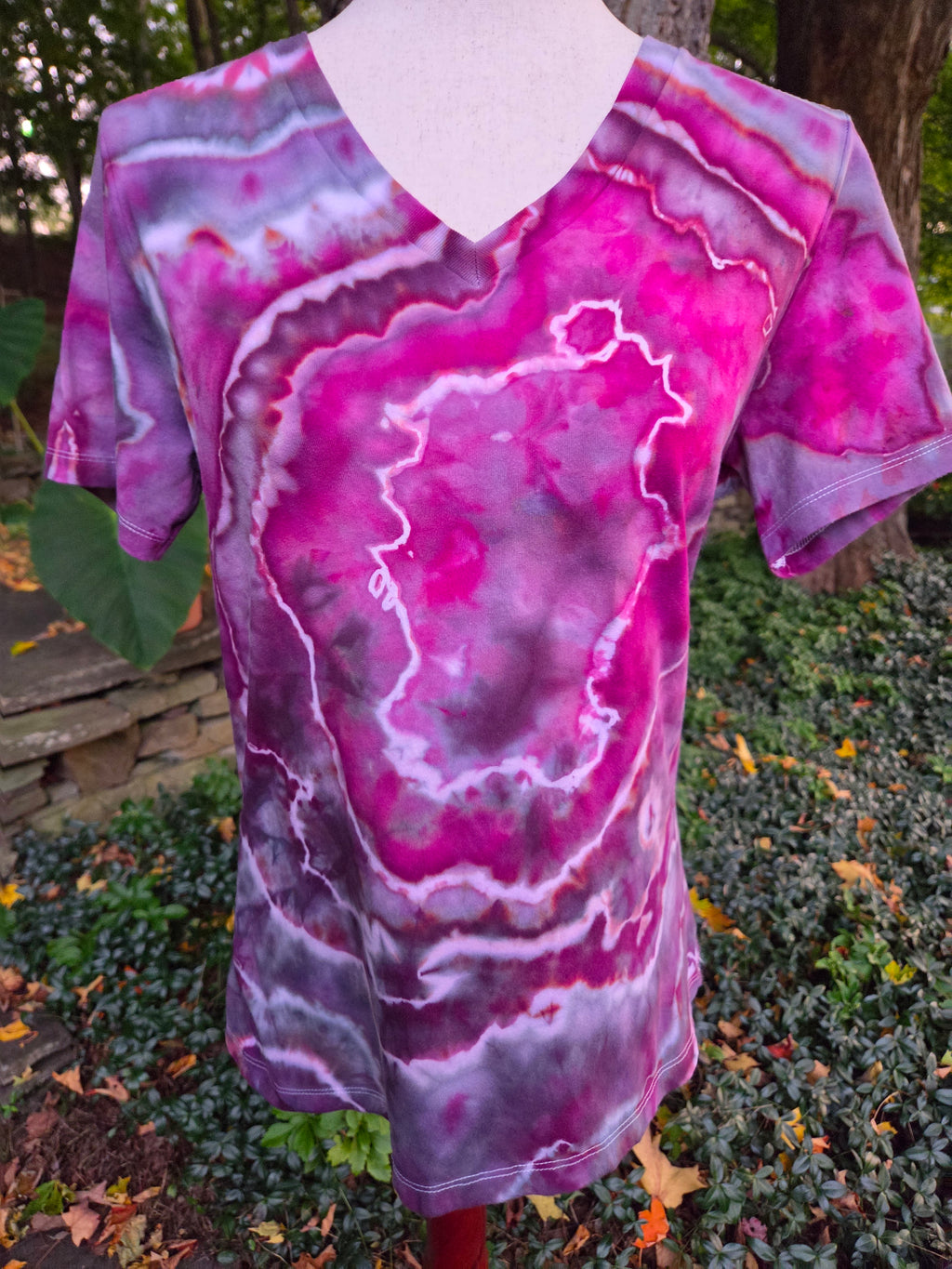 Ice-Dyed Women’s Medium V-Neck T-Shirt — Geode Collection — One of a Kind