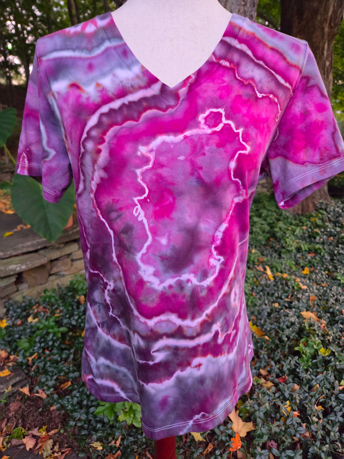 Ice-Dyed Women’s Medium V-Neck T-Shirt — Geode Collection — One of a Kind