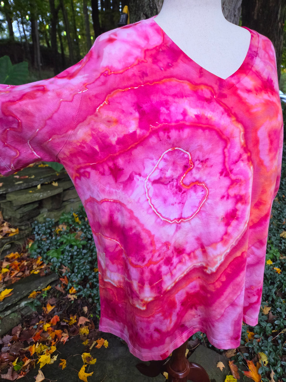 Ice-Dyed Women’s 3XL V-Neck T-Shirt — Fiery Geode Collection — One of a Kind