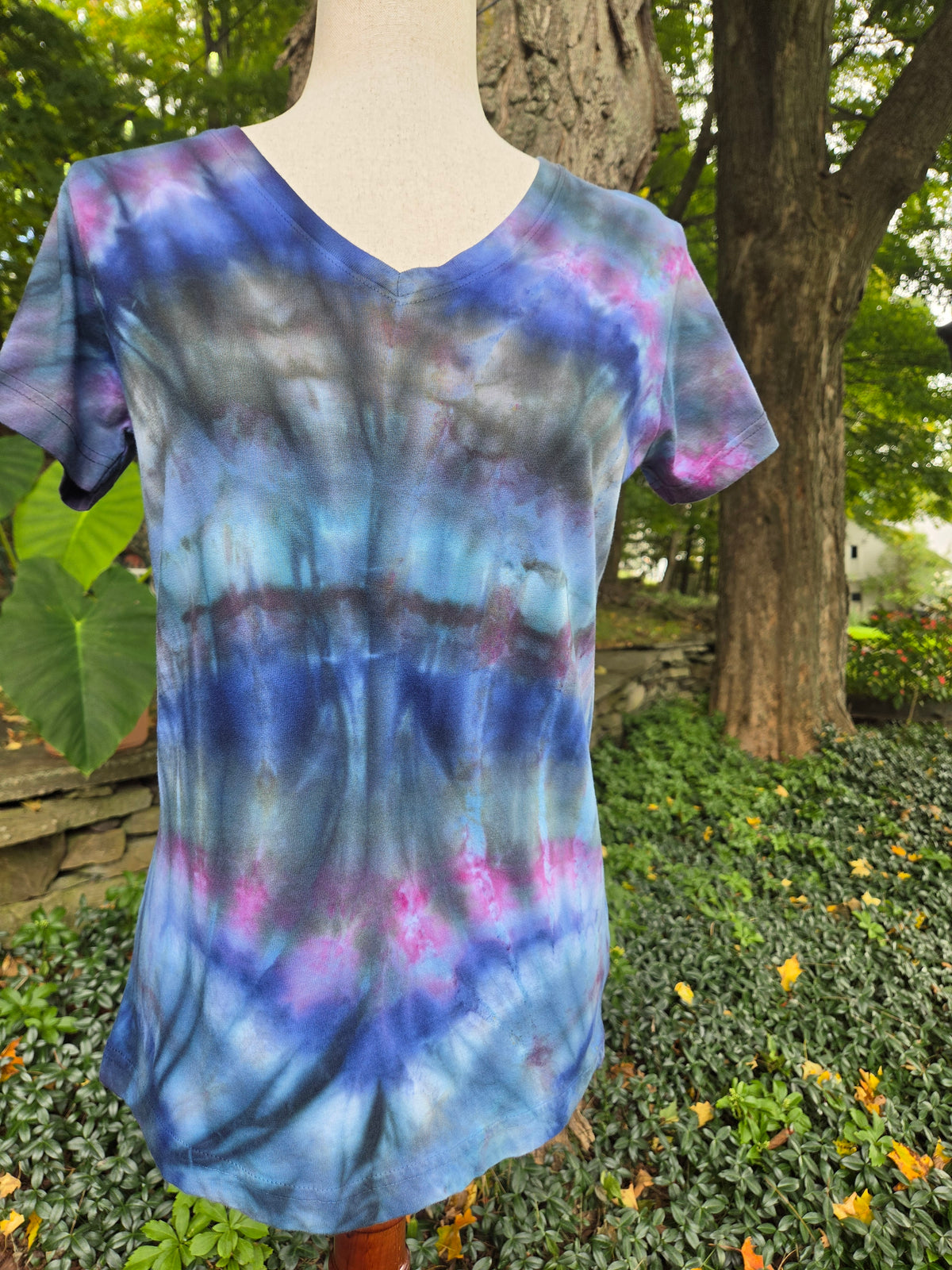Ice-Dyed Women’s Medium V-Neck T-Shirt — One of a Kind
